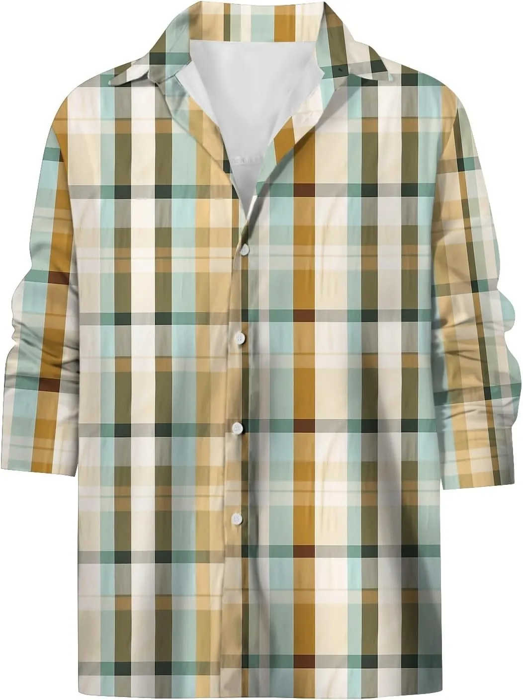Mens Hawaiian Shirts Color Block Printed Casual Long Sleeve Button Down Turn Down Collar Slim Fit Beach Dress Shirts