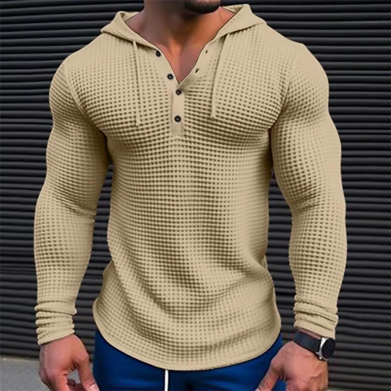 Mens Hooded Sweatshirt Long Sleeve Drawstring Waffle Knit Pullover Fashion Gym Athletic Hoodies Muscle T-Shirt
