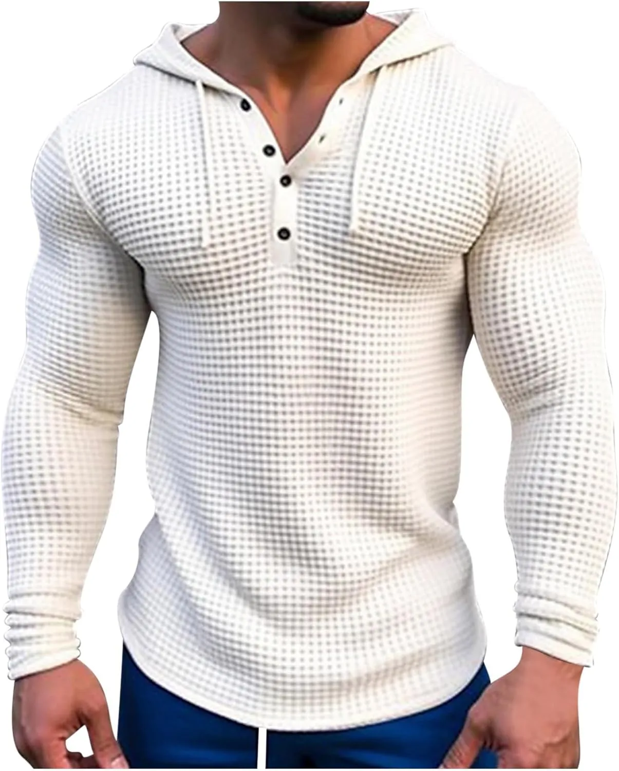 Mens Hooded Sweatshirt Long Sleeve Drawstring Waffle Knit Pullover Fashion Gym Athletic Hoodies Muscle T-Shirt