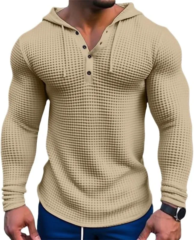 Mens Hooded Sweatshirt Long Sleeve Drawstring Waffle Knit Pullover Fashion Gym Athletic Hoodies Muscle T-Shirt