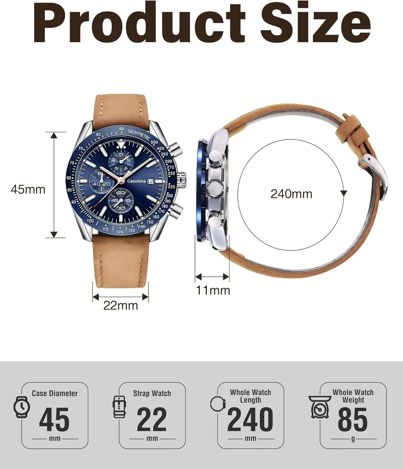 Men's Leather Band Chronograph Watch - 30M Waterproof Big Face Analog Quartz Date - Work Sport Casual Classical Fashion Designer Dress Wrist Watch - Elegant Gift for Men