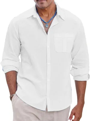 Mens Lightweight Button Down Shirt Casual Long Sleeve Untucked Dress Shirts Regular-Fit Spread Collar Linen Shirt