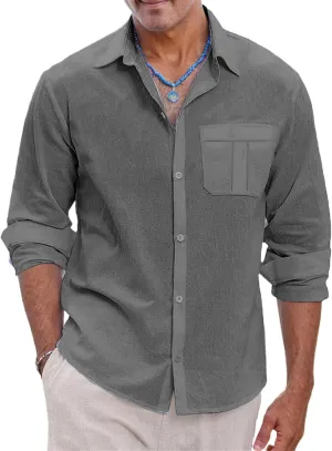 Mens Lightweight Button Down Shirt Casual Long Sleeve Untucked Dress Shirts Regular-Fit Spread Collar Linen Shirt