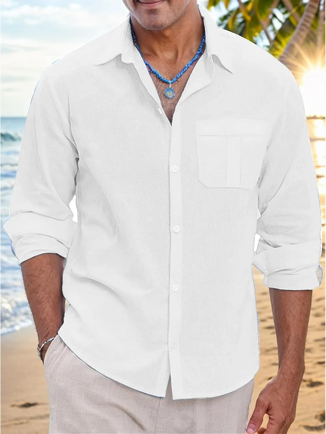 Mens Lightweight Button Down Shirt Casual Long Sleeve Untucked Dress Shirts Regular-Fit Spread Collar Linen Shirt