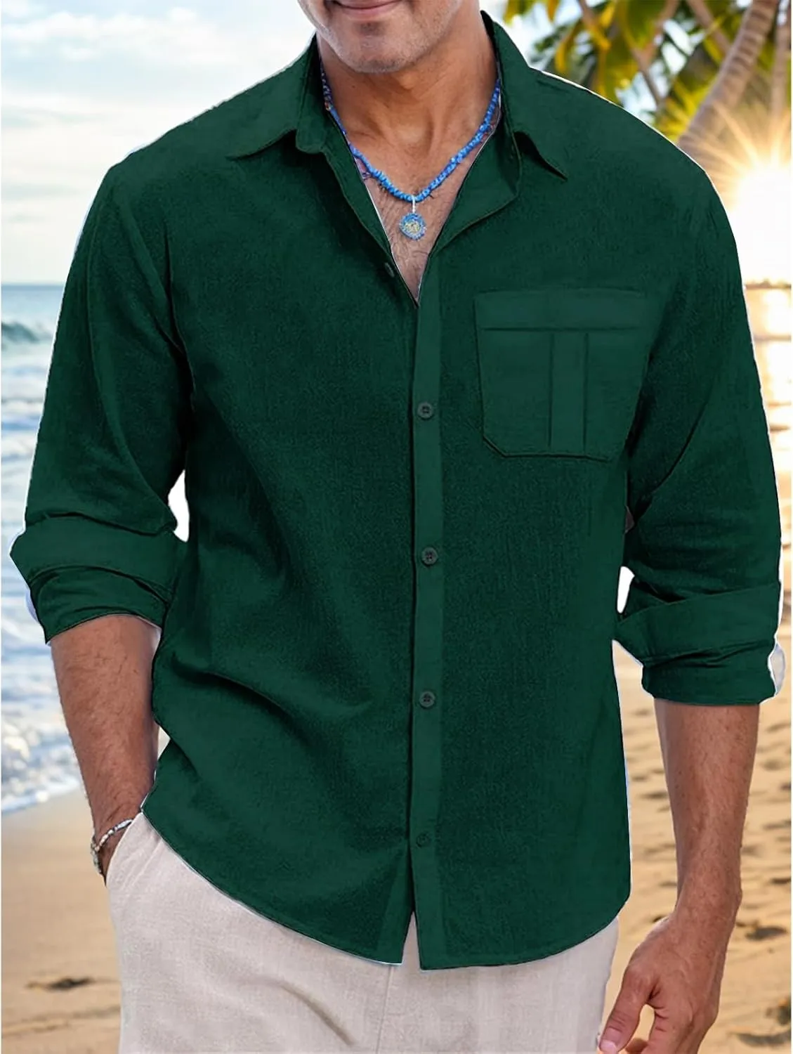 Mens Lightweight Button Down Shirt Casual Long Sleeve Untucked Dress Shirts Regular-Fit Spread Collar Linen Shirt