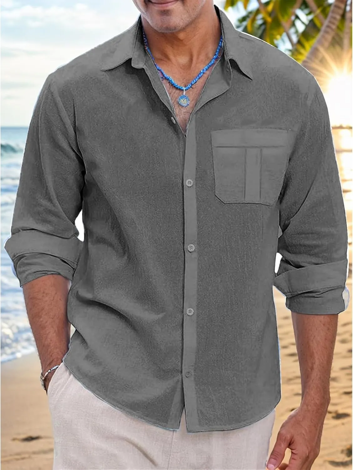 Mens Lightweight Button Down Shirt Casual Long Sleeve Untucked Dress Shirts Regular-Fit Spread Collar Linen Shirt