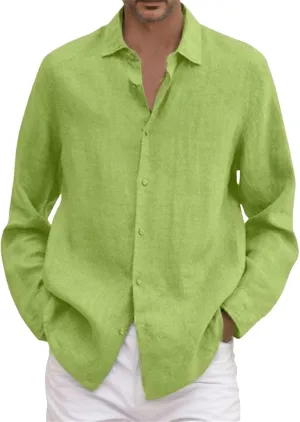 Mens Linen Button Down Shirt Beach Summer Shirts Casual Untucked Shirt Vacation Wedding Shirts with Pocket