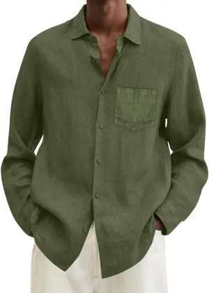 Mens Linen Button Down Shirt Beach Summer Shirts Casual Untucked Shirt Vacation Wedding Shirts with Pocket