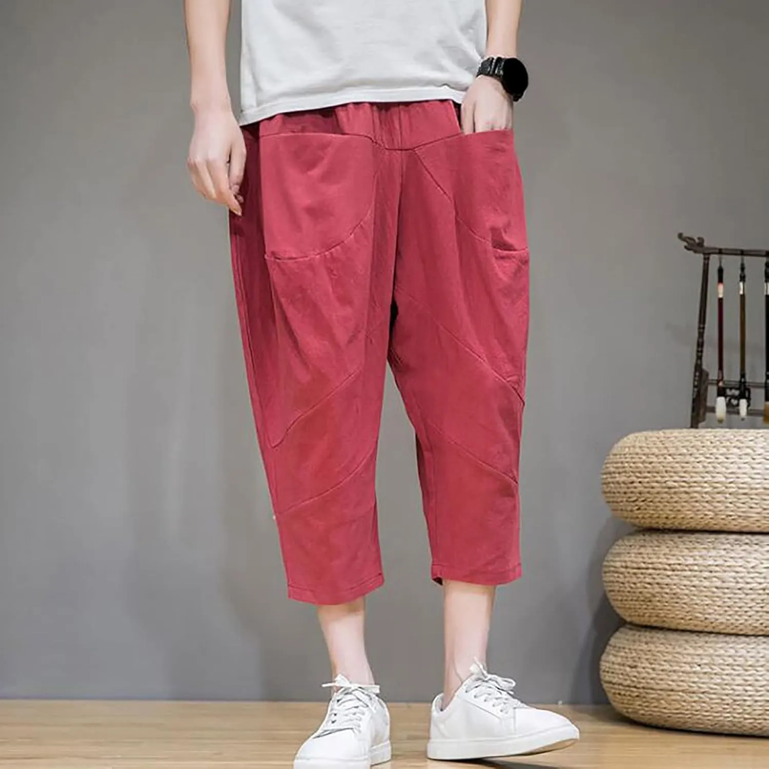 Mens Linen Capri Baggy Harem Pants Front Pockets Drawstring Yoga Beach Pants for Men Vintage Solid Pleated Carrot Trouser