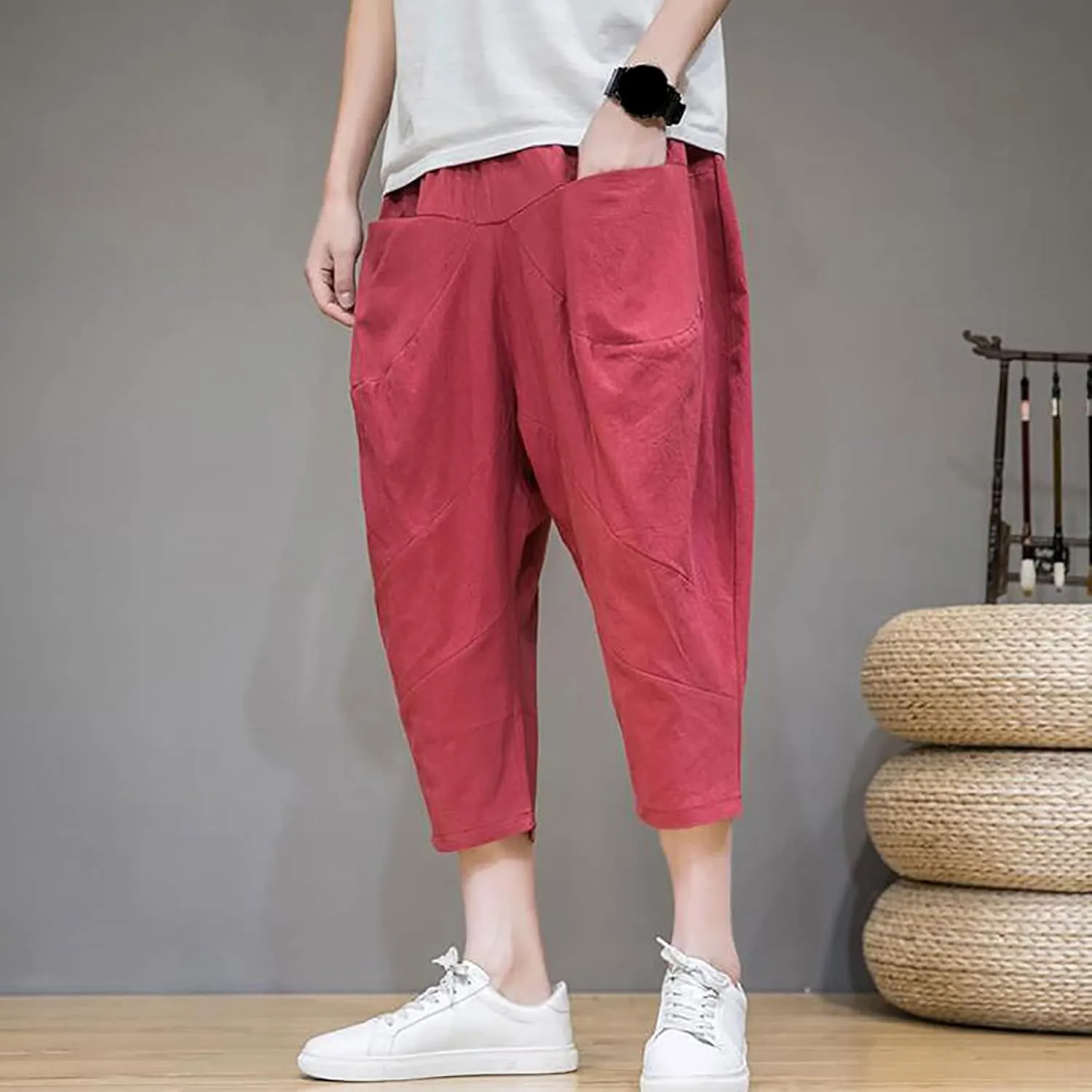 Mens Linen Capri Baggy Harem Pants Front Pockets Drawstring Yoga Beach Pants for Men Vintage Solid Pleated Carrot Trouser