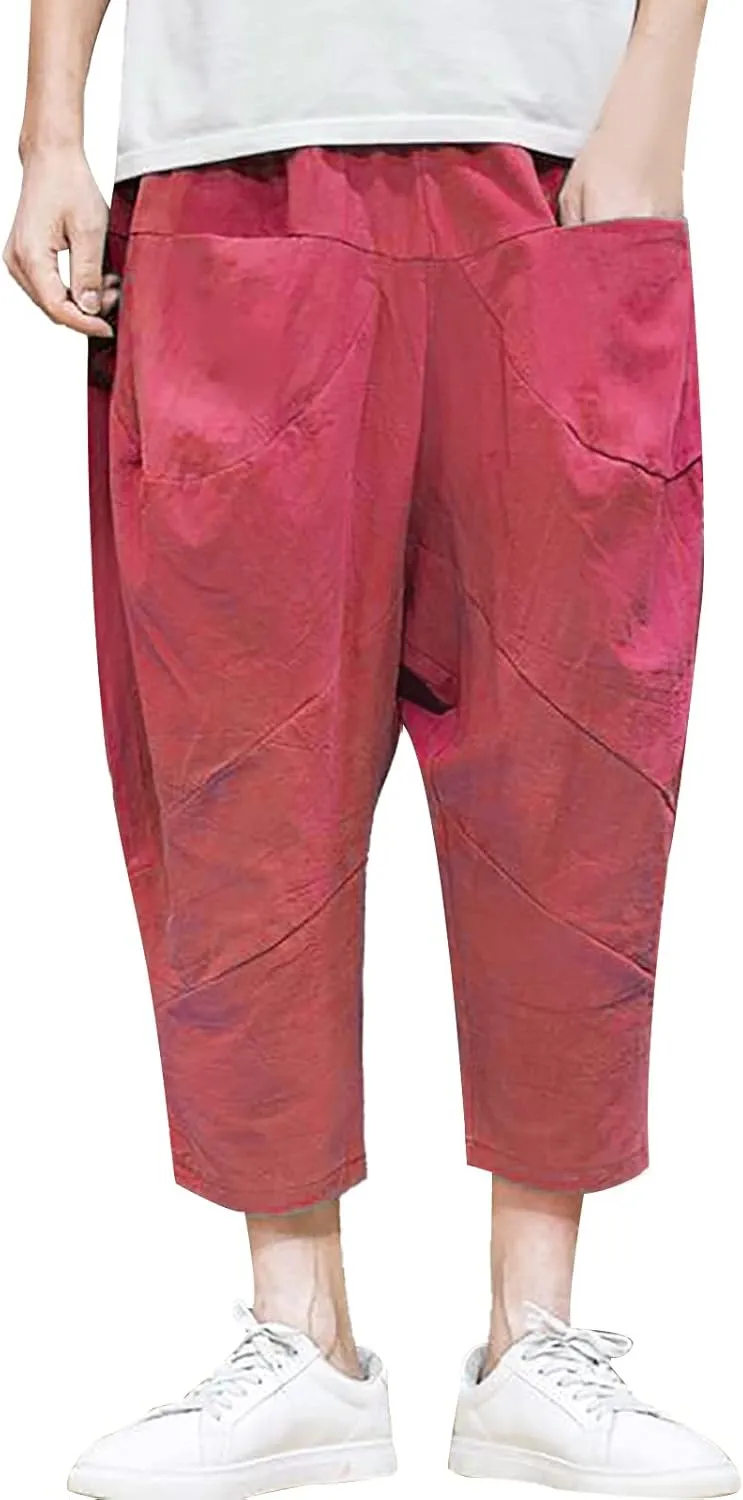 Mens Linen Capri Baggy Harem Pants Front Pockets Drawstring Yoga Beach Pants for Men Vintage Solid Pleated Carrot Trouser