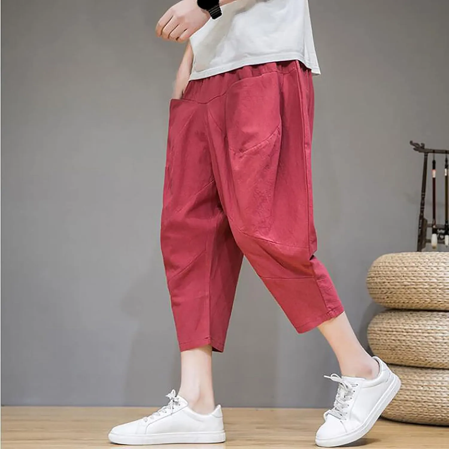 Mens Linen Capri Baggy Harem Pants Front Pockets Drawstring Yoga Beach Pants for Men Vintage Solid Pleated Carrot Trouser