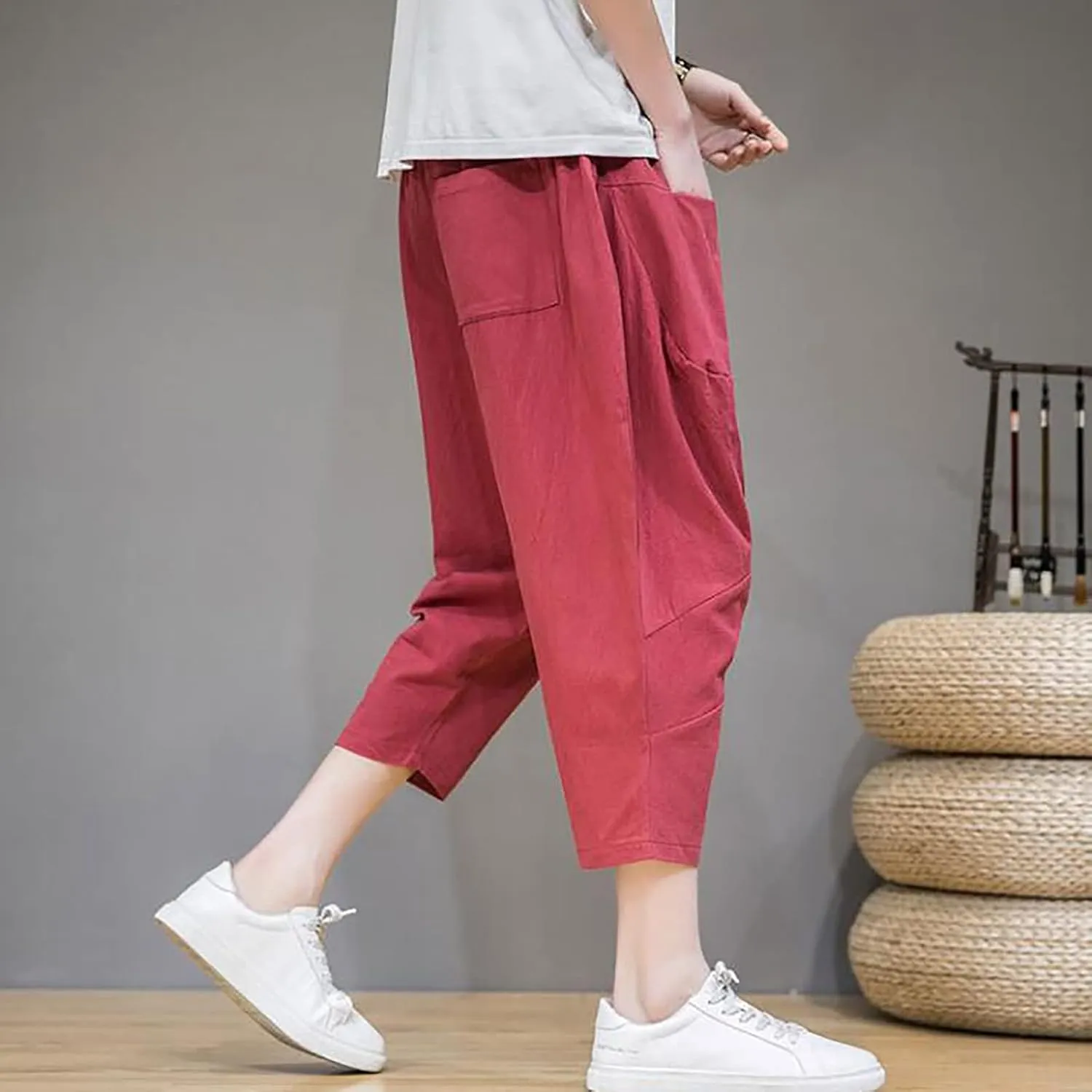Mens Linen Capri Baggy Harem Pants Front Pockets Drawstring Yoga Beach Pants for Men Vintage Solid Pleated Carrot Trouser