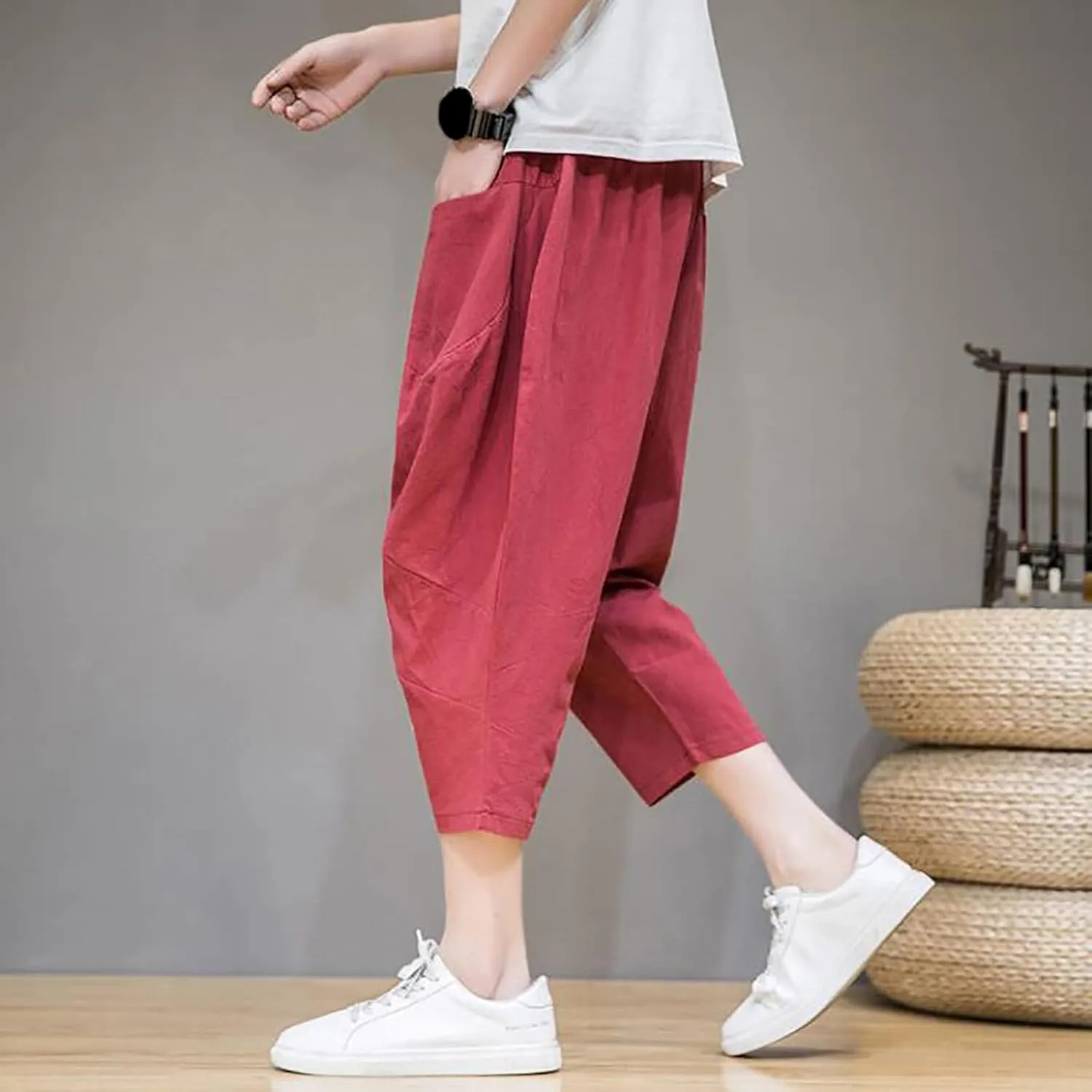 Mens Linen Capri Baggy Harem Pants Front Pockets Drawstring Yoga Beach Pants for Men Vintage Solid Pleated Carrot Trouser