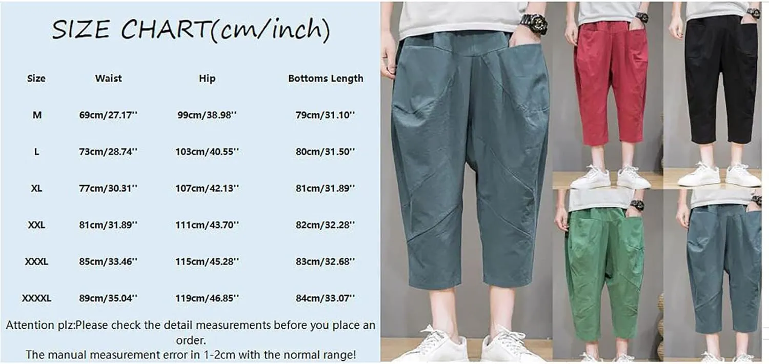 Mens Linen Capri Baggy Harem Pants Front Pockets Drawstring Yoga Beach Pants for Men Vintage Solid Pleated Carrot Trouser