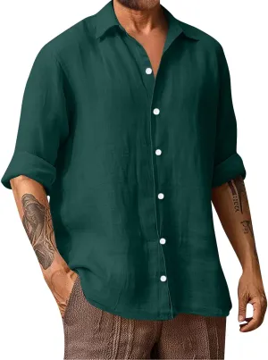 Men's Linen Dress Shirt Regular Fit Stretch Long Sleeve Solid Business Wedding Button Down Stretch Shirts Plus Size