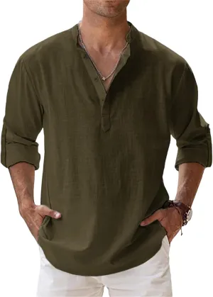 Men's Linen Shirts Long Sleeve Button Down Henley Shirts Cotton Linen Plus Size Band Collar Solid Color Beach Shirt