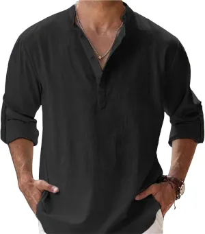 Men's Linen Shirts Long Sleeve Button Down Henley Shirts Cotton Linen Plus Size Band Collar Solid Color Beach Shirt