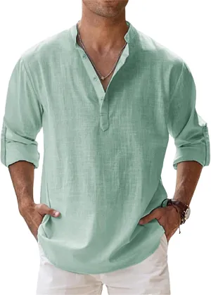 Men's Linen Shirts Long Sleeve Button Down Henley Shirts Cotton Linen Plus Size Band Collar Solid Color Beach Shirt