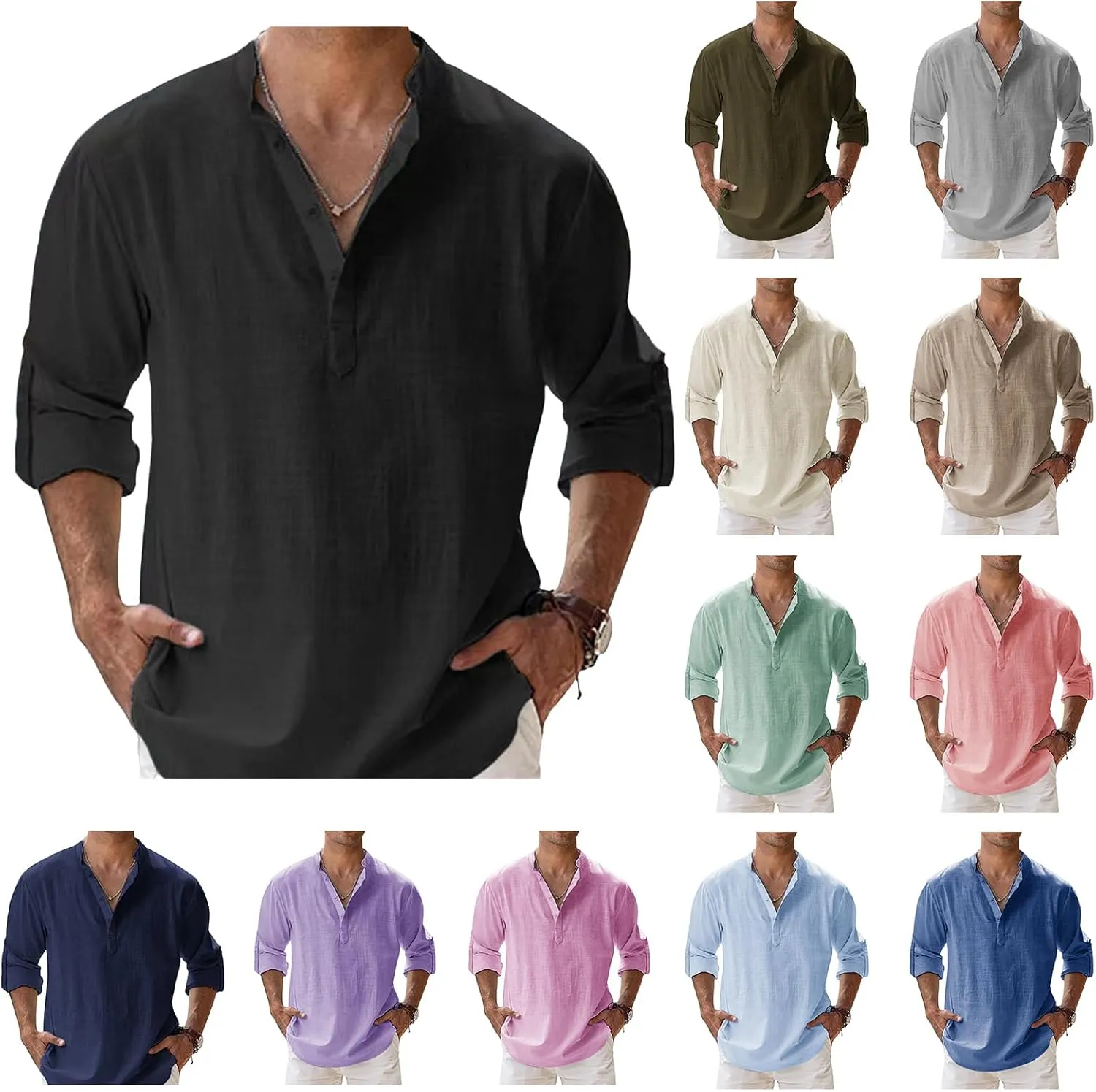 Men's Linen Shirts Long Sleeve Button Down Henley Shirts Cotton Linen Plus Size Band Collar Solid Color Beach Shirt
