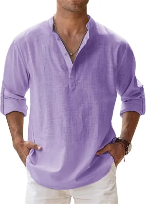 Men's Linen Shirts Long Sleeve Button Down Henley Shirts Cotton Linen Plus Size Band Collar Solid Color Beach Shirt