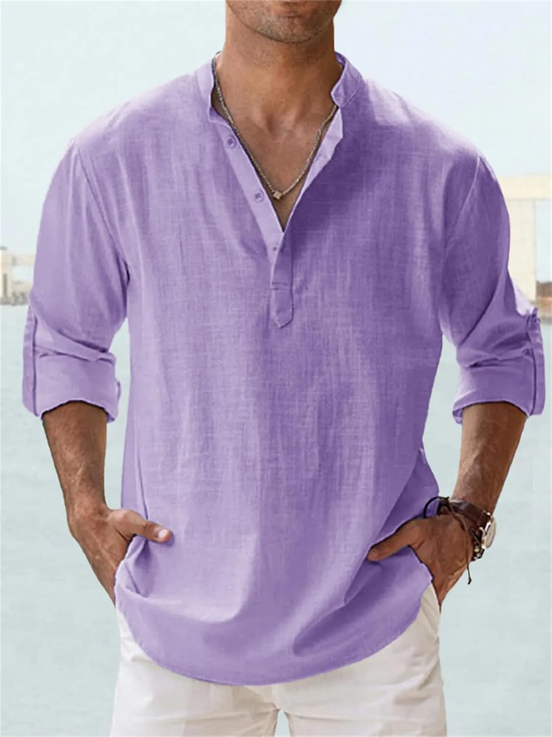 Men's Linen Shirts Long Sleeve Button Down Henley Shirts Cotton Linen Plus Size Band Collar Solid Color Beach Shirt