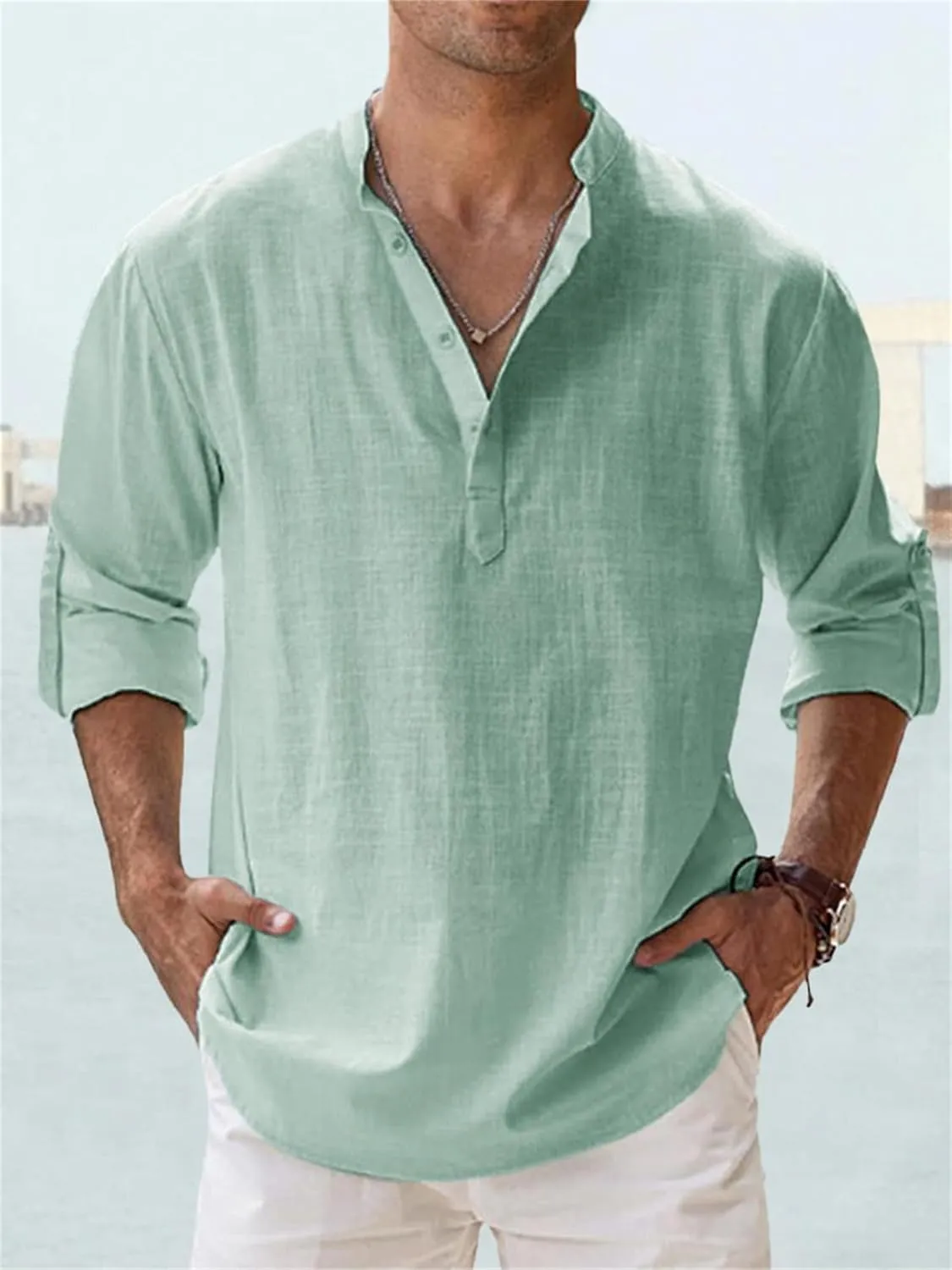 Men's Linen Shirts Long Sleeve Button Down Henley Shirts Cotton Linen Plus Size Band Collar Solid Color Beach Shirt