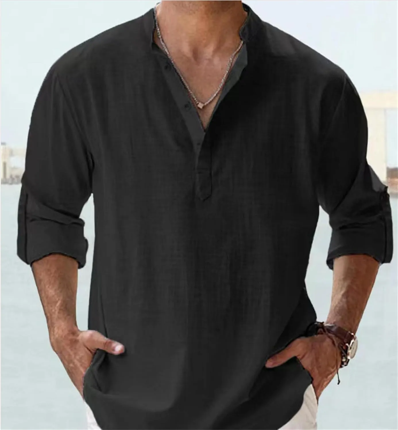 Men's Linen Shirts Long Sleeve Button Down Henley Shirts Cotton Linen Plus Size Band Collar Solid Color Beach Shirt