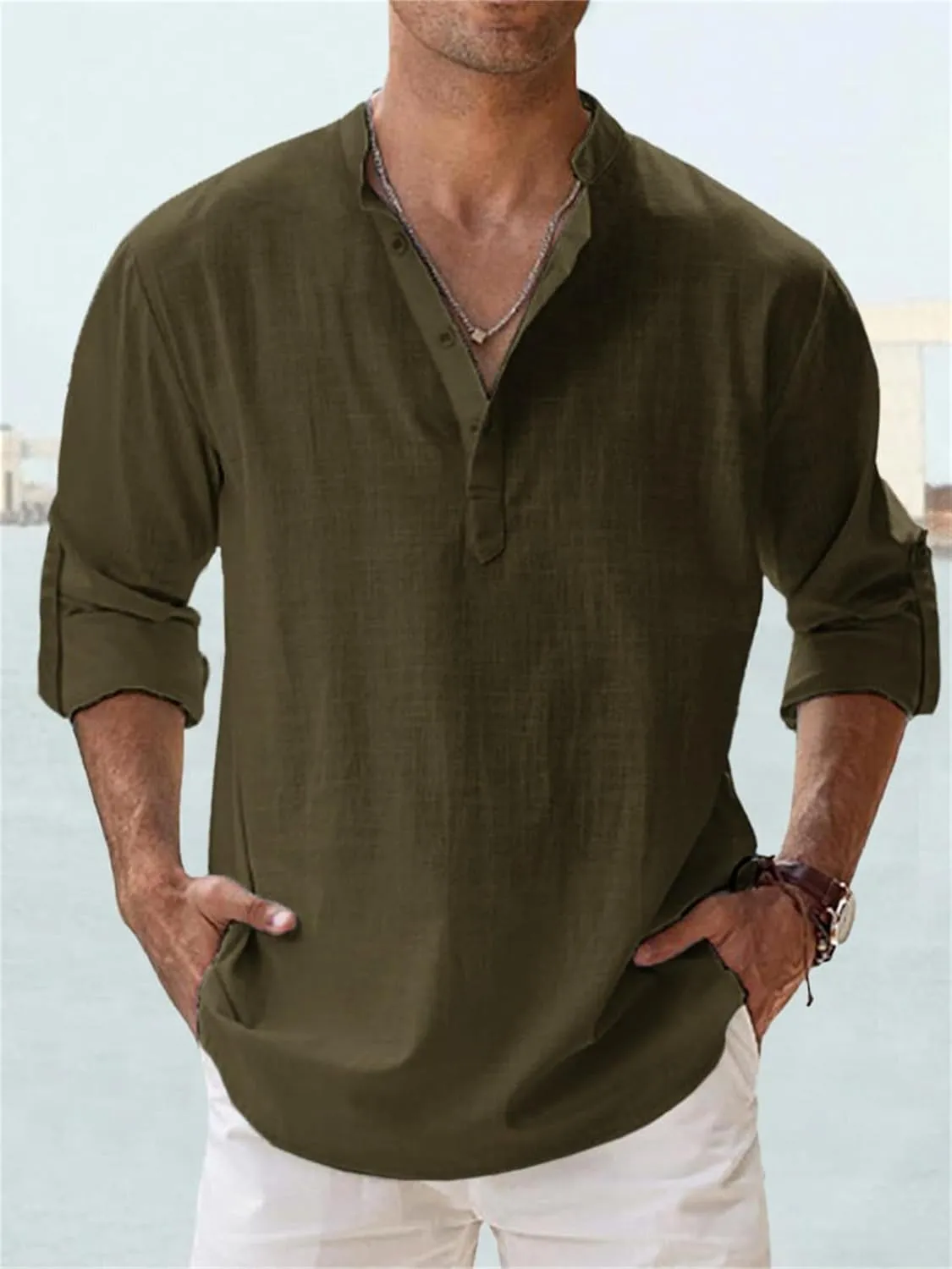 Men's Linen Shirts Long Sleeve Button Down Henley Shirts Cotton Linen Plus Size Band Collar Solid Color Beach Shirt