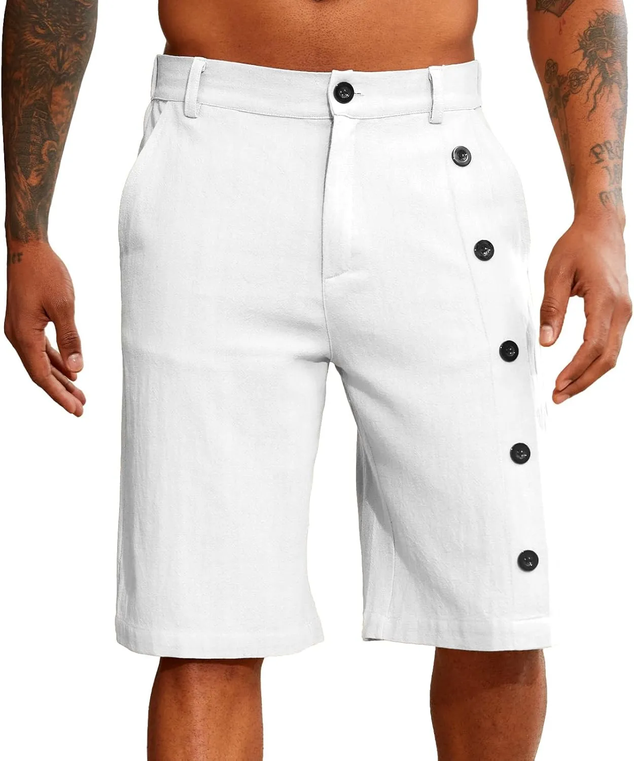 Mens Linen Trunks Stretch Elastic Waist Button Casual Classic Breathable Lightweight Slim Fit Shorts Beach Yoga Pants
