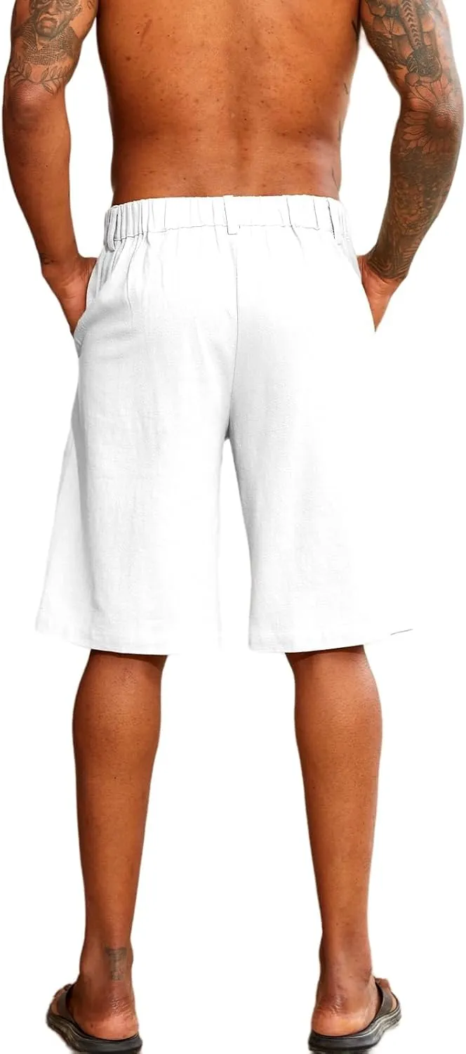 Mens Linen Trunks Stretch Elastic Waist Button Casual Classic Breathable Lightweight Slim Fit Shorts Beach Yoga Pants