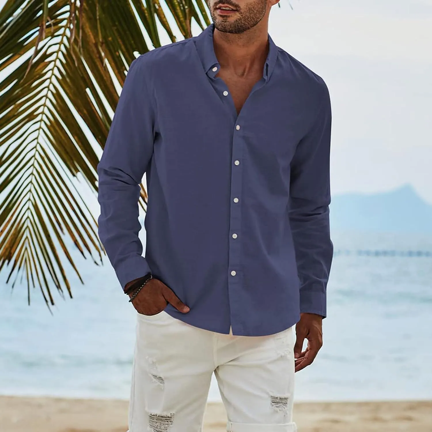 Mens Long Sleeve Dress Shirts Business Casual Button Down Regular Fit Vacation Beach Wedding Shirts with Pocket