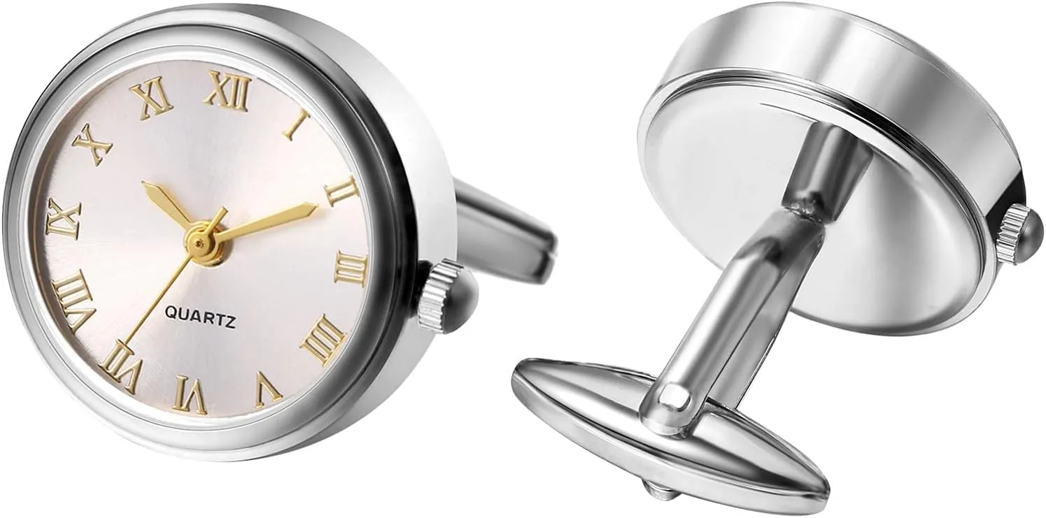 Men's Pair Cuff Links: Classic Wedding Business Shirt Cufflinks Quartz Watch Round Roman Numeral Clip Stainless Steel Business Formal Tuxedo Accessories