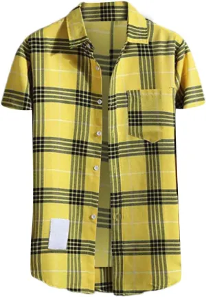 Mens Plaid Shirt Short Sleeve Button Down Lapel Collar Tops Casual Lightweight Summer Checkered Shirt with Pocket