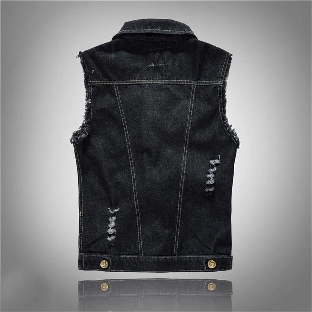 Mens Punk Ripped Denim Vest Jackets Sleeveless Motorcycle Trucker Jean Jackets Retro Button Down Tank Tops S-6XL
