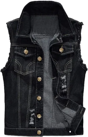 Mens Punk Ripped Denim Vest Jackets Sleeveless Motorcycle Trucker Jean Jackets Retro Button Down Tank Tops S-6XL