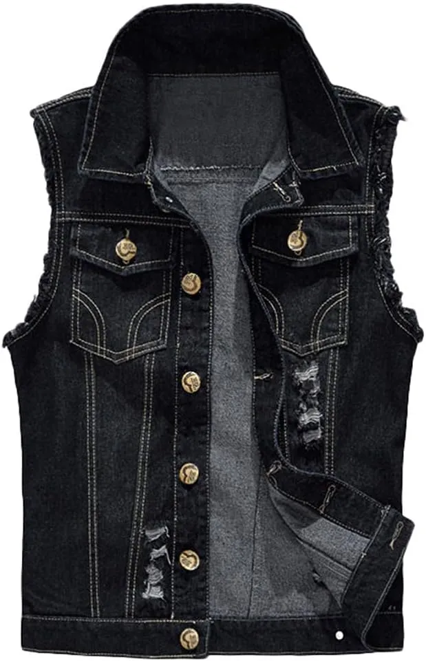 Mens Punk Ripped Denim Vest Jackets Sleeveless Motorcycle Trucker Jean Jackets Retro Button Down Tank Tops S-6XL