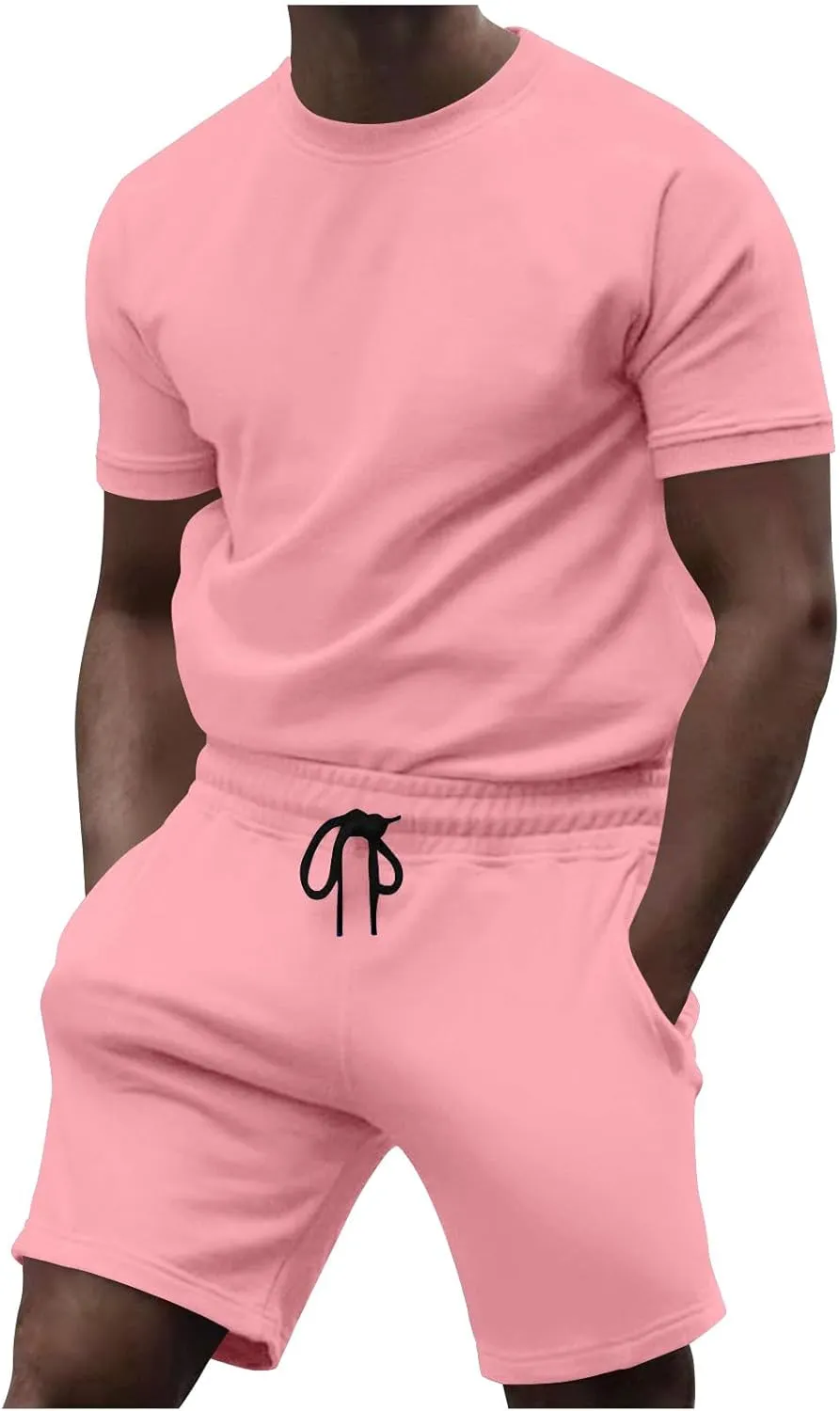 Mens Short Sets 2 Piece Outfits Summer Beach Casual Tracksuit Sports Shirt and Shorts Set Cotton Suit