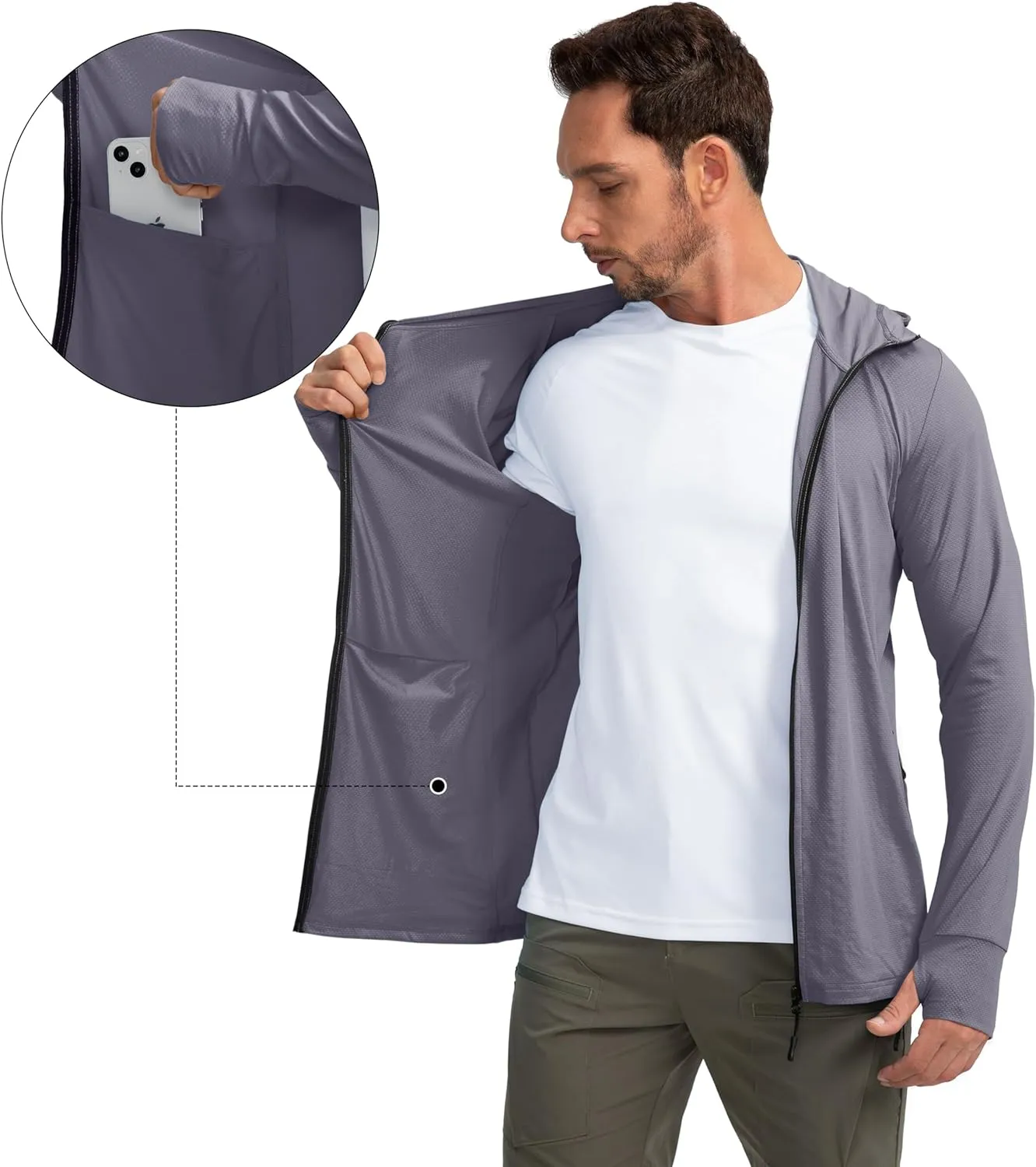 Men's UPF 50  Light Jacket Full Zip Sun Protection Hoodie Long Sleeve Sun Shirts for Men Hiking Fishing Zip Pockets