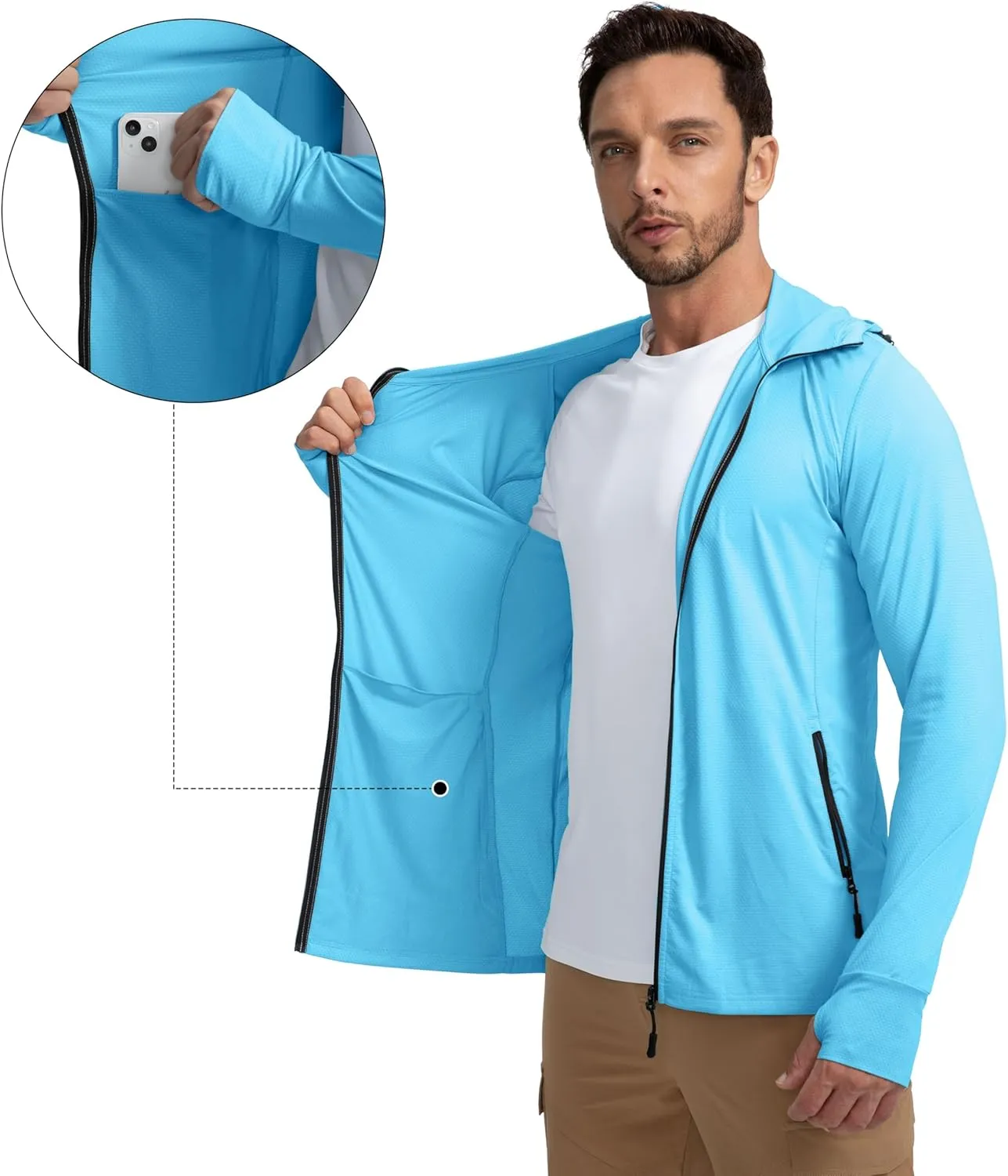 Men's UPF 50  Light Jacket Full Zip Sun Protection Hoodie Long Sleeve Sun Shirts for Men Hiking Fishing Zip Pockets