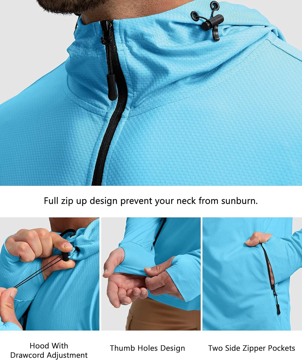 Men's UPF 50  Light Jacket Full Zip Sun Protection Hoodie Long Sleeve Sun Shirts for Men Hiking Fishing Zip Pockets
