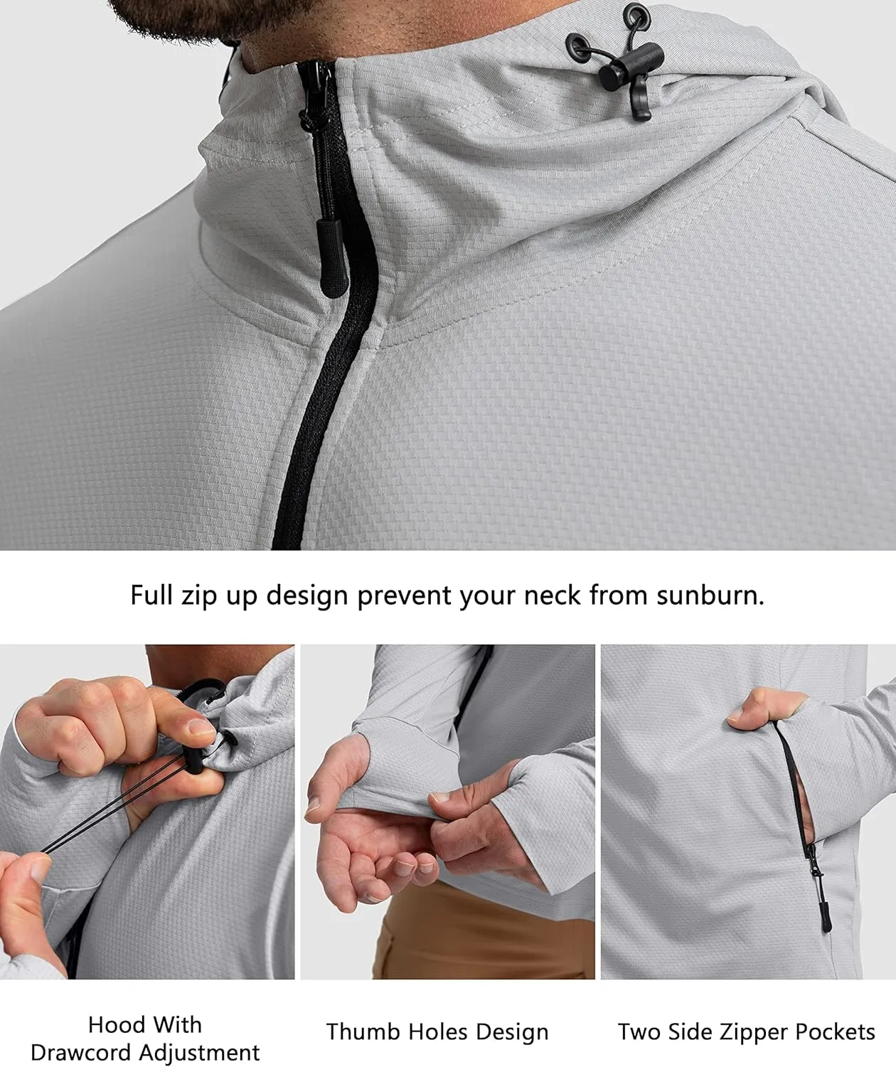 Men's UPF 50  Light Jacket Full Zip Sun Protection Hoodie Long Sleeve Sun Shirts for Men Hiking Fishing Zip Pockets