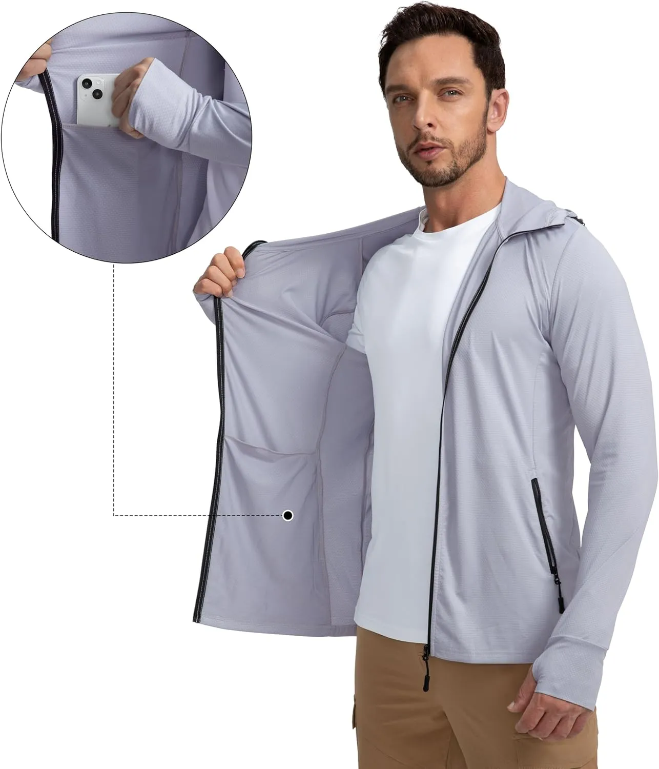 Men's UPF 50  Light Jacket Full Zip Sun Protection Hoodie Long Sleeve Sun Shirts for Men Hiking Fishing Zip Pockets