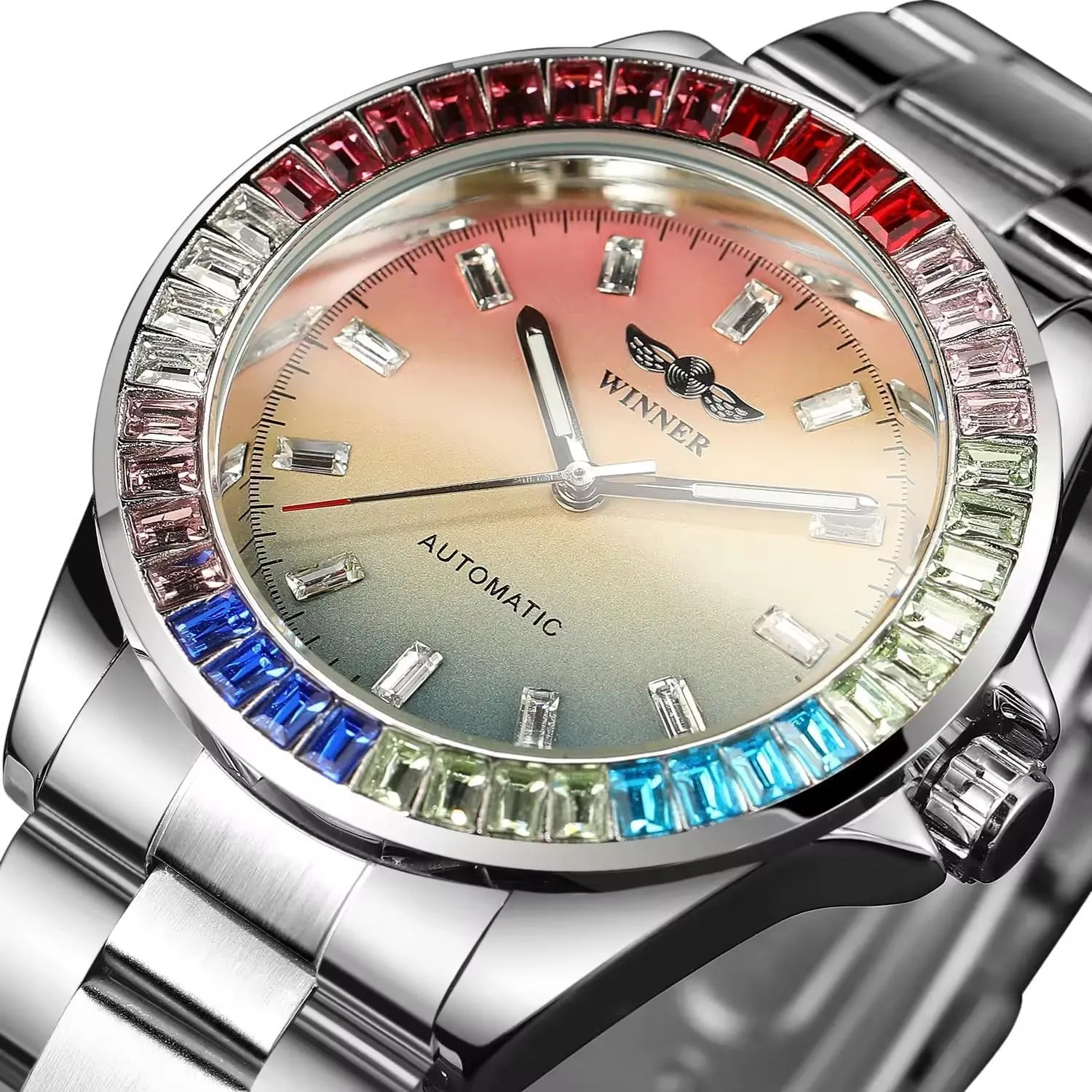 Mens Watch Automatic Hand-Winding Mechanical Watches Colorful Diamond Dial and Colored Bezel Stainless Steel Wristwatch Waterproof Luminous Fashion Watch