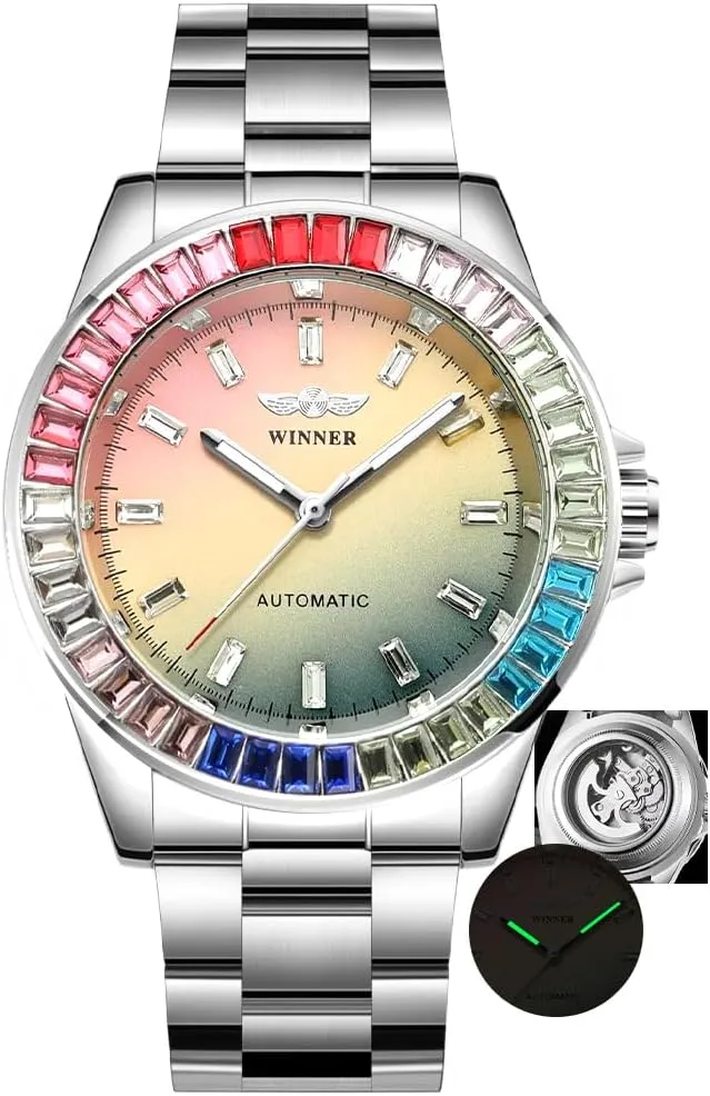 Mens Watch Automatic Hand-Winding Mechanical Watches Colorful Diamond Dial and Colored Bezel Stainless Steel Wristwatch Waterproof Luminous Fashion Watch
