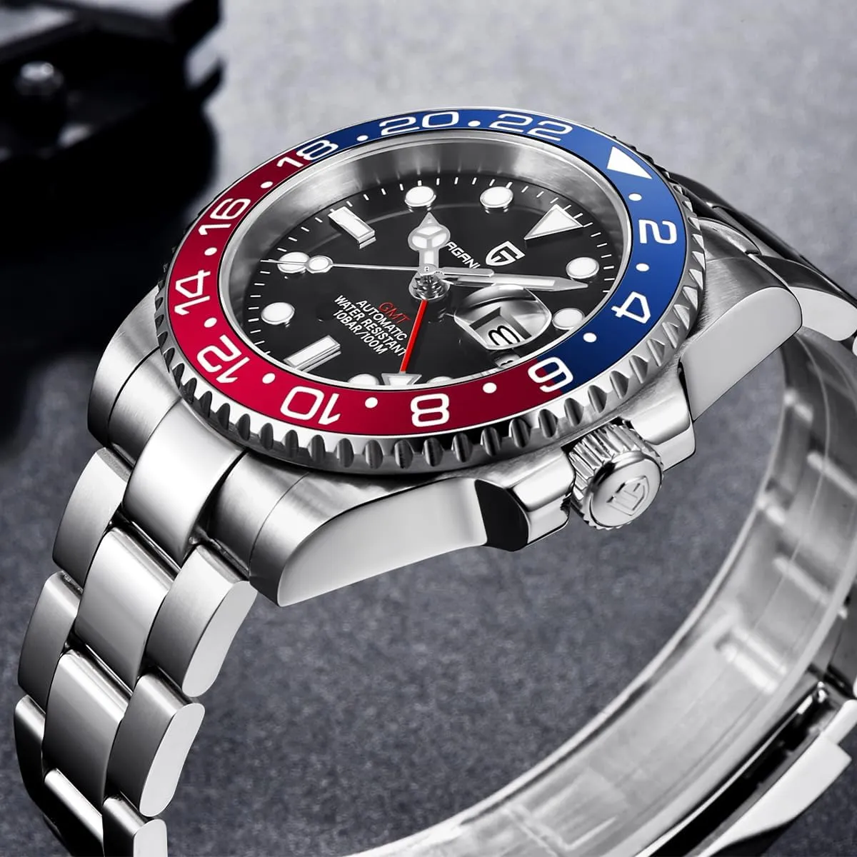 Men's Watch Pagani Design GMT 40mm Automatic NH34 Movement Ceramic Bezel Dual Time Zone Date Display 100m Waterproof Luminous Sports Business Watch Gifts for Men