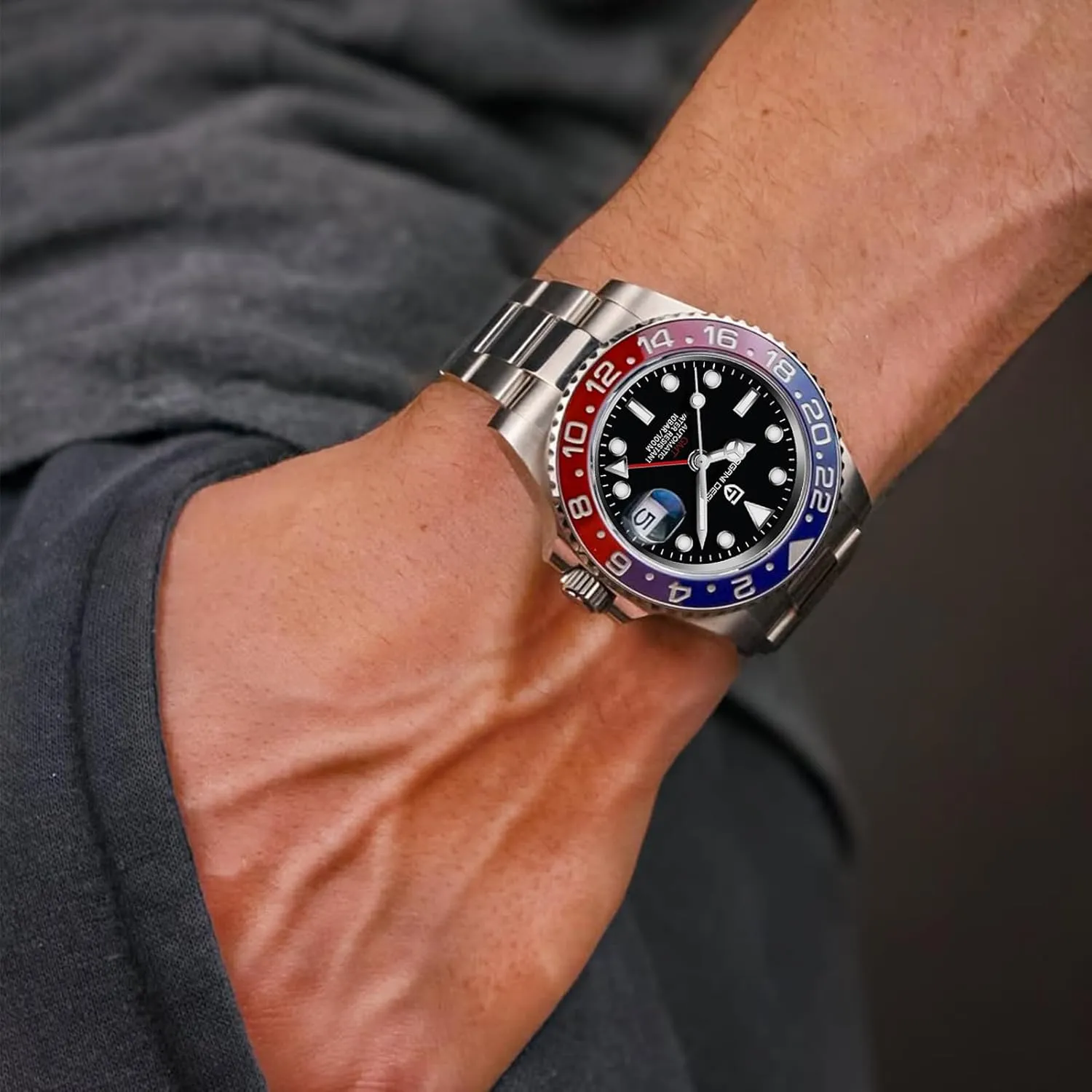 Men's Watch Pagani Design GMT 40mm Automatic NH34 Movement Ceramic Bezel Dual Time Zone Date Display 100m Waterproof Luminous Sports Business Watch Gifts for Men