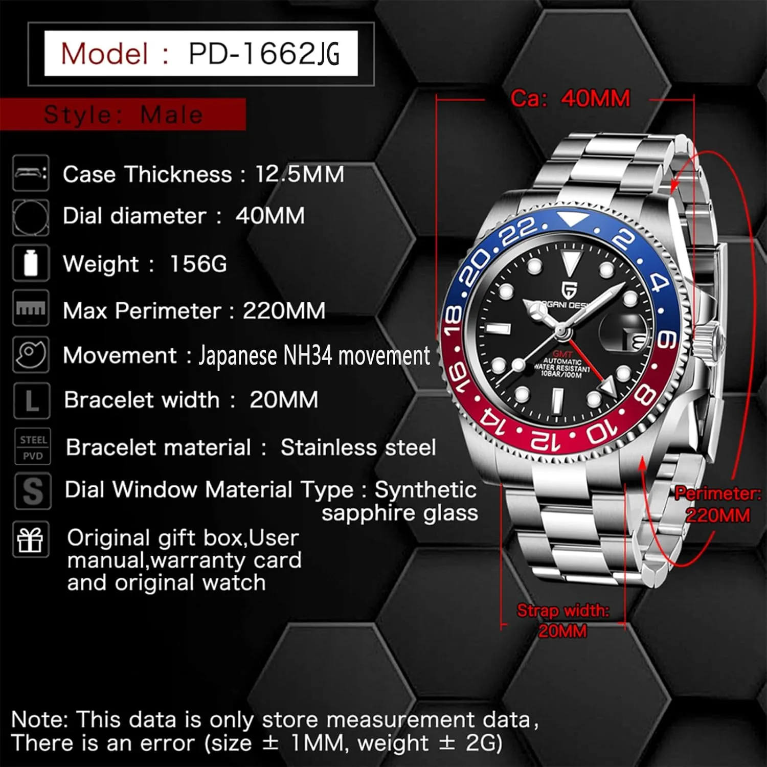 Men's Watch Pagani Design GMT 40mm Automatic NH34 Movement Ceramic Bezel Dual Time Zone Date Display 100m Waterproof Luminous Sports Business Watch Gifts for Men