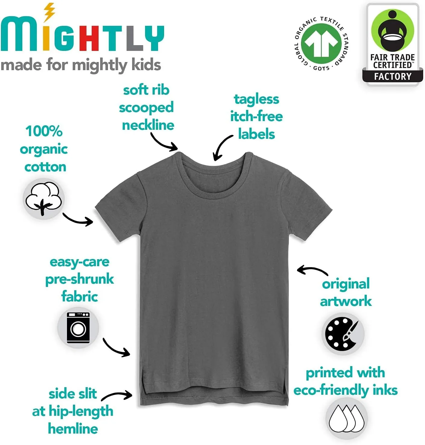 Mightly Girls' Scooped Neck Short Sleeve T Shirts | 100% Organic Cotton, Colorful Casual Stylish Clothes