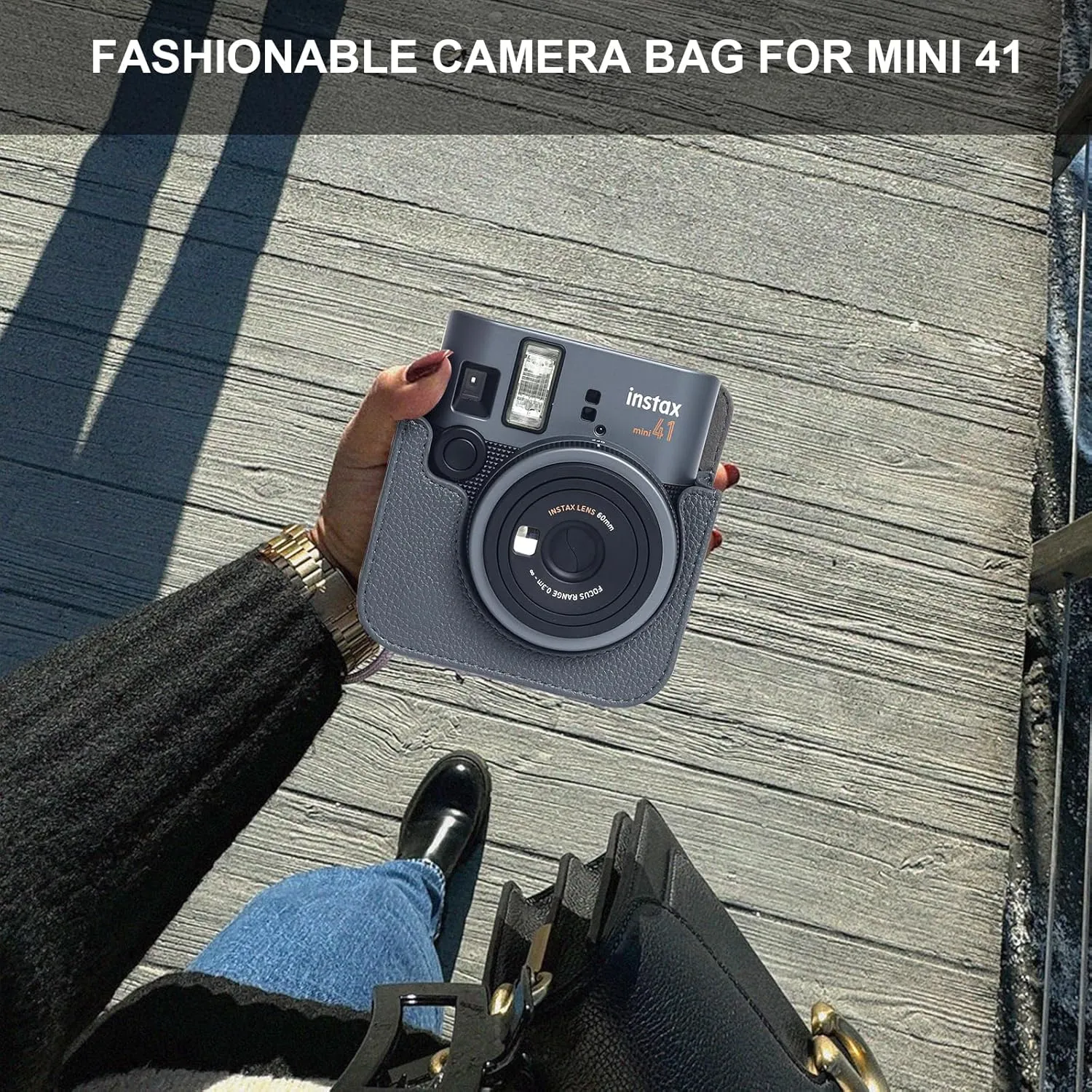 Mini 41 Protective Case for Fujifilm Instax Mini 41 Instant Camera, Retro PU Leather Mini 41 Camera Case with 64 Mini Photo Album and Adjustable Shoulder Strap (No Camera) - Dark Grey